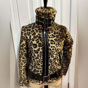 Blank NYC Faux Fur Moto Leopard Print Jacket Belted Size XS bomber style